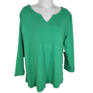 Talbots T Shirt Top Womens Size XL Green V Neck 3/4 Sleeve Cotton Knit Casual